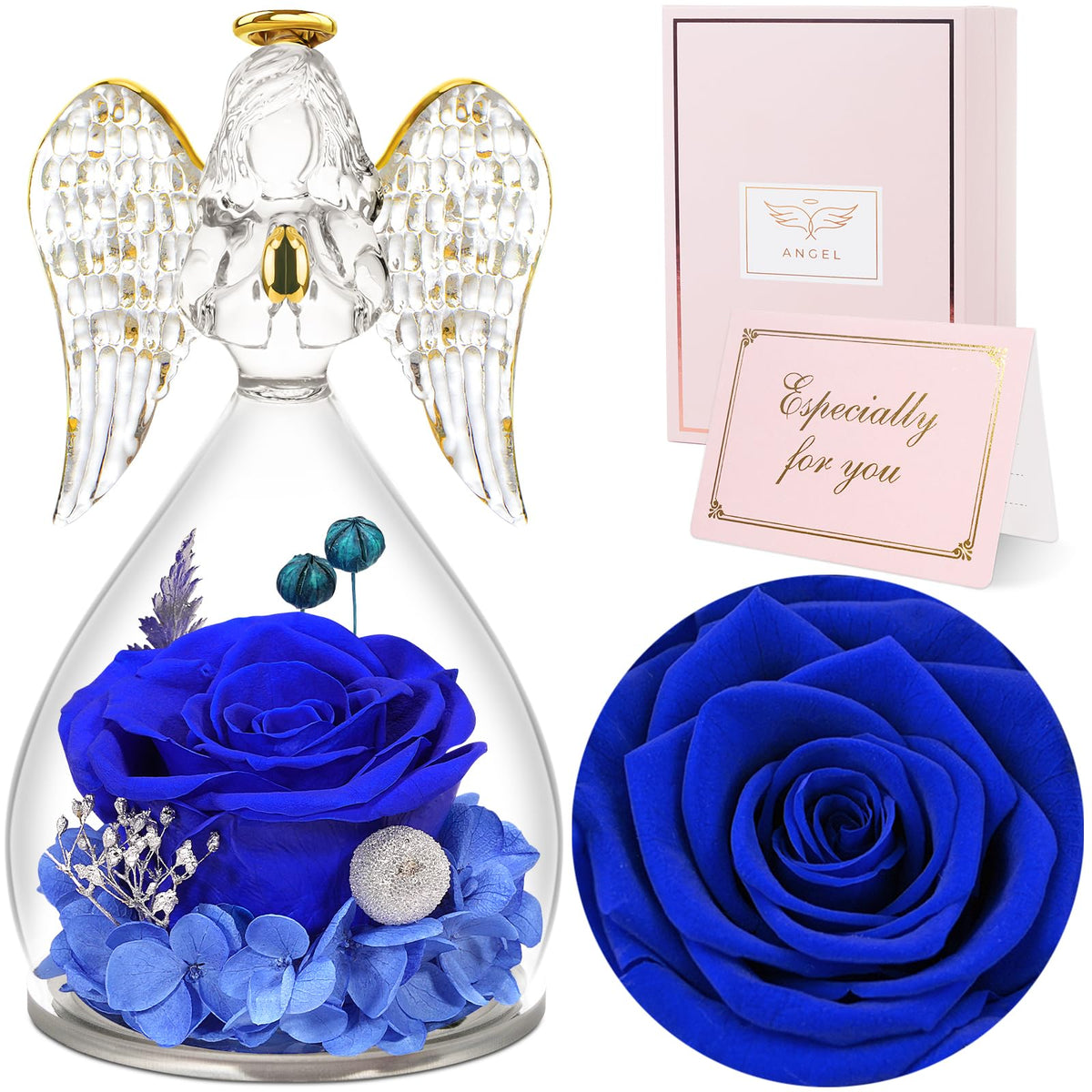 Sunia front view glass angel with preserved rose offering lasting beauty