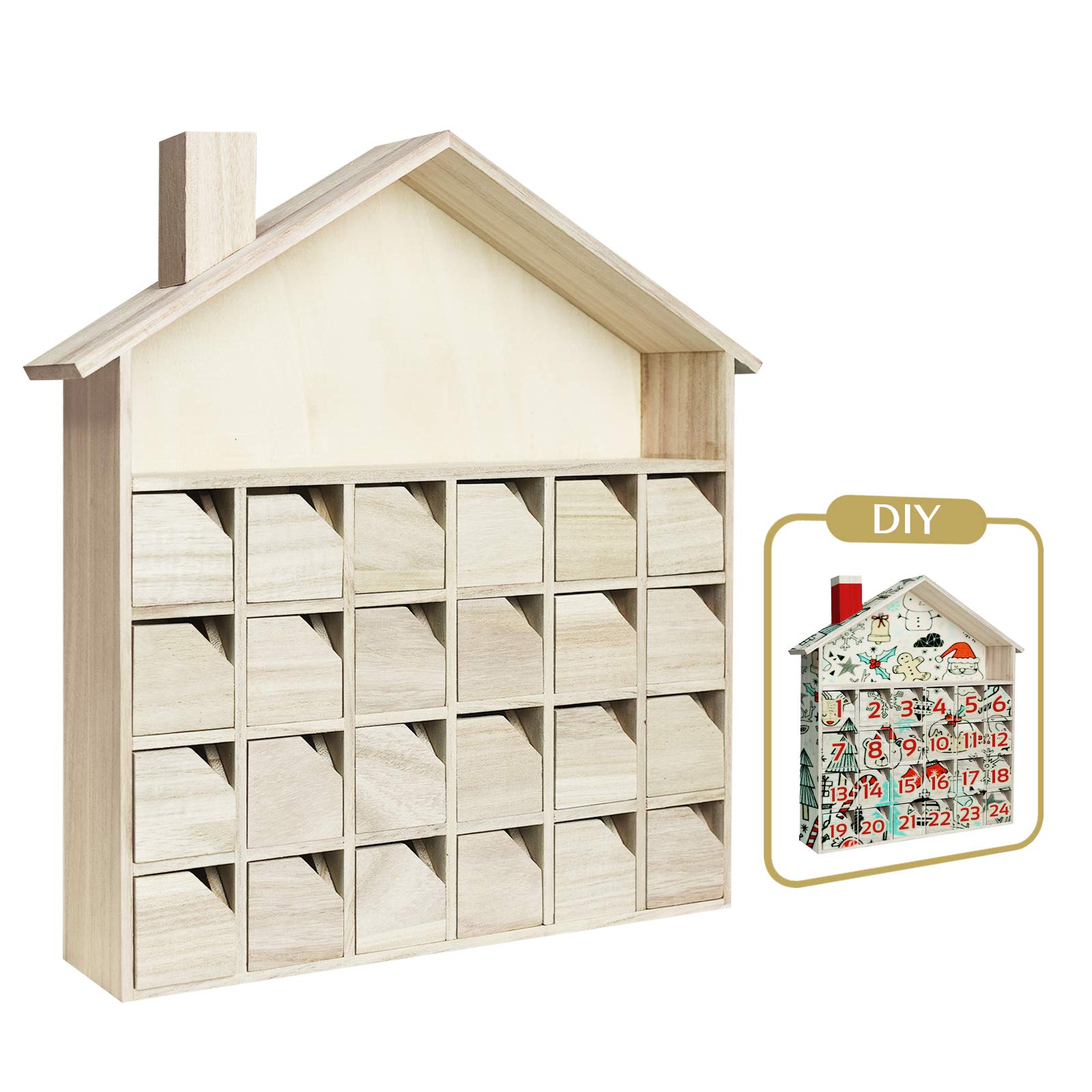 Sunlit front view of house-shaped advent calendar showing 24 drawers and chimney, adds festive charm