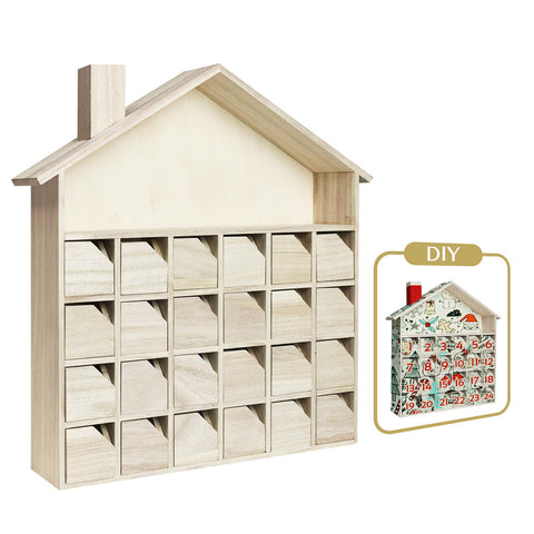 Sunlit front view of house-shaped advent calendar showing 24 drawers and chimney, adds festive charm