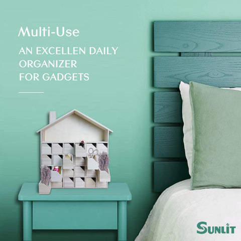 Sunlit calendar next to a ruler showing compact dimensions and easy countertop fit