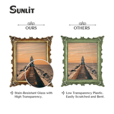 Sunlit frame glass front demonstrating clear protection for photos