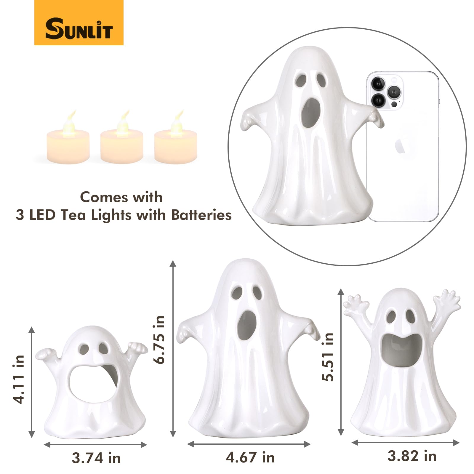 Sunlit ghost with LED tea light inside showing safe flameless glow benefit