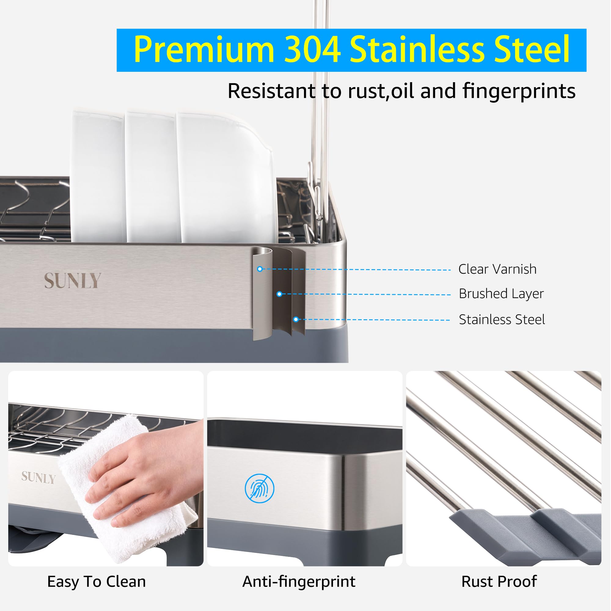 SUNLY close-up of 304 stainless steel finish highlighting rust resistance and easy cleaning