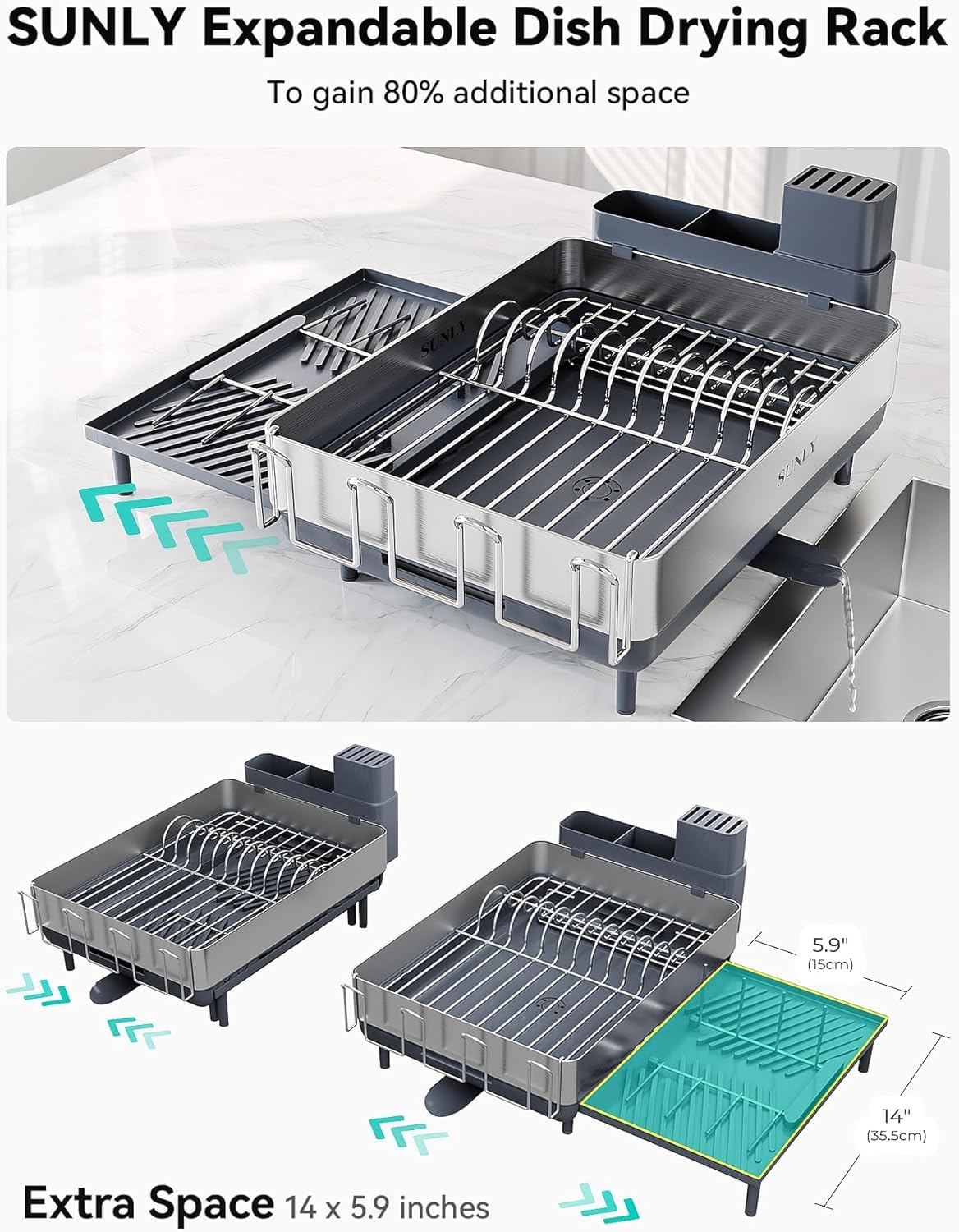 SUNLY extended drainboard pulled out providing extra drying area