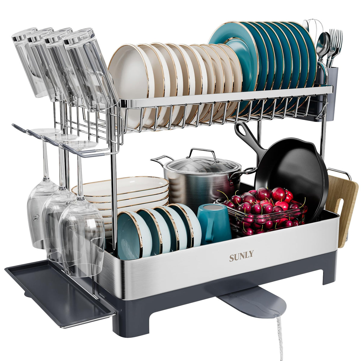 SUNLY front view assembled two-tier rack showing organized dishes and space saving