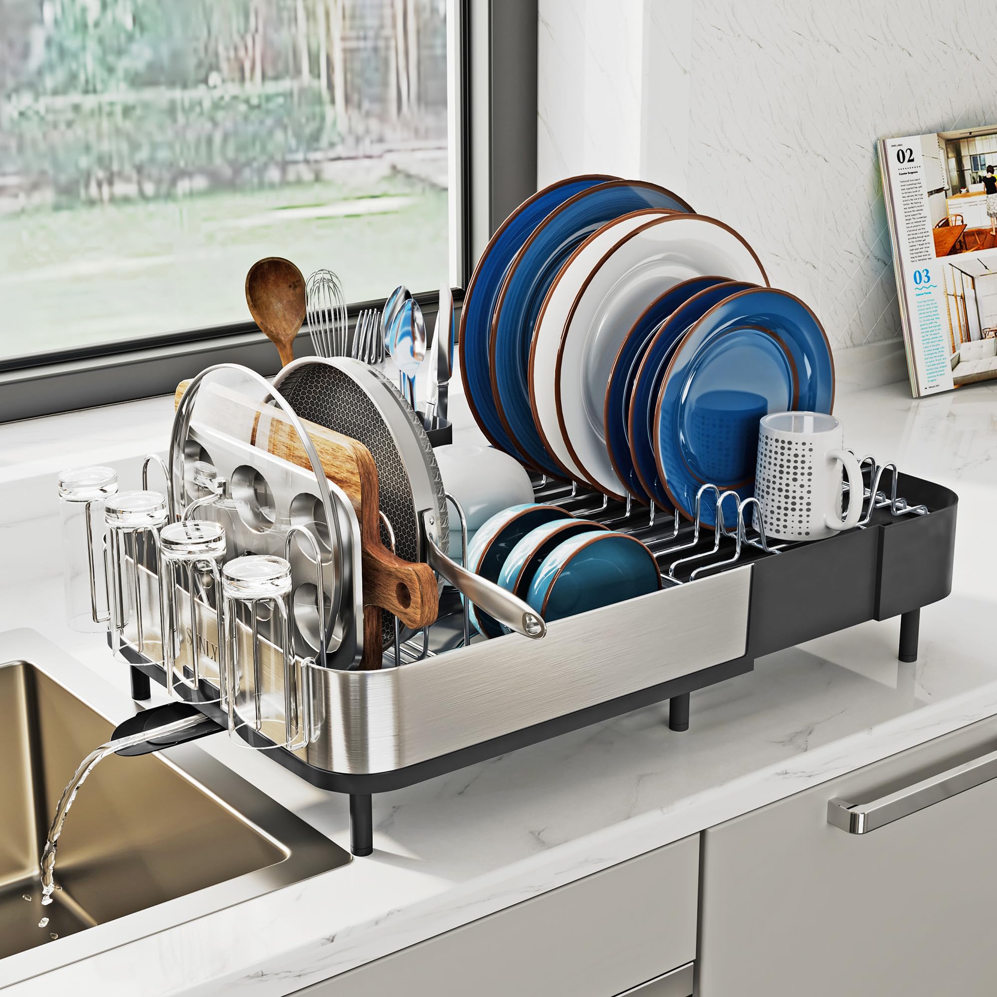 SUNLY front view of expandable dish drying rack showing compact and extended positions, saves counter space