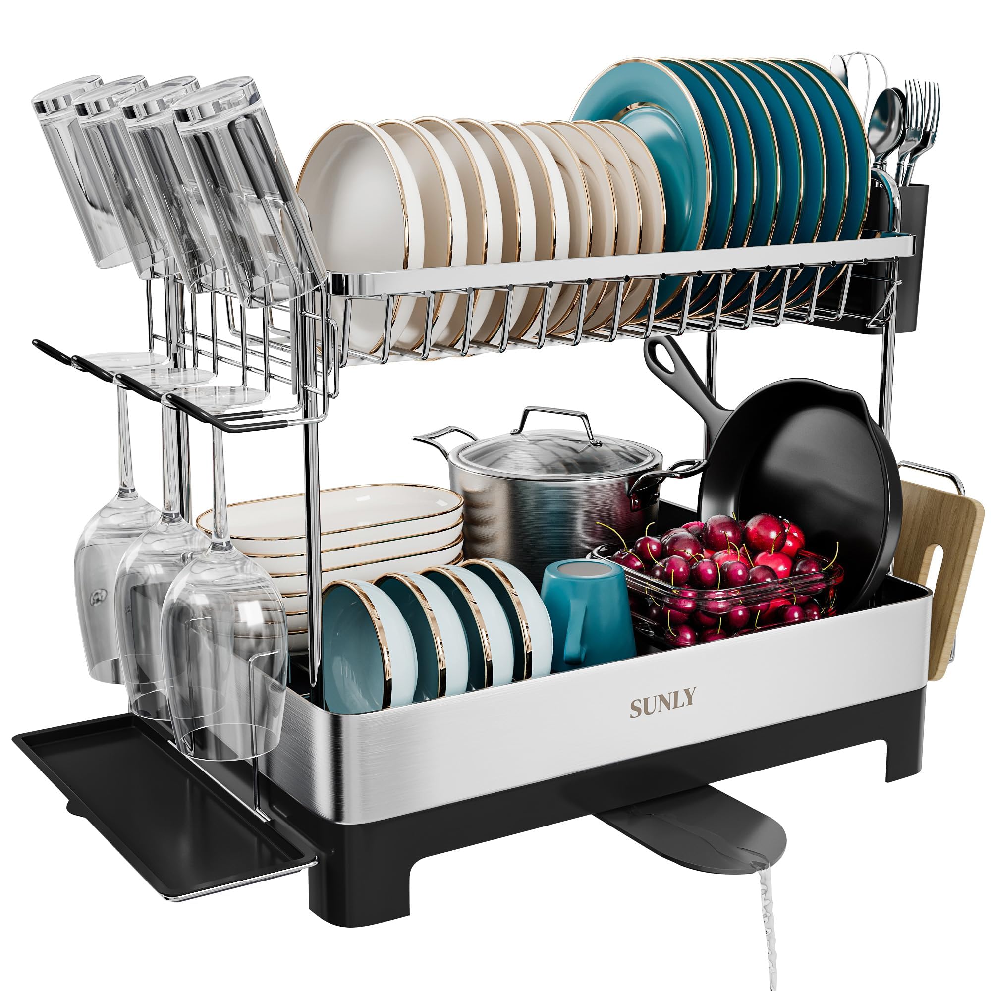 SUNLY front view of two-tier rack showing organized dishes and counter benefit
