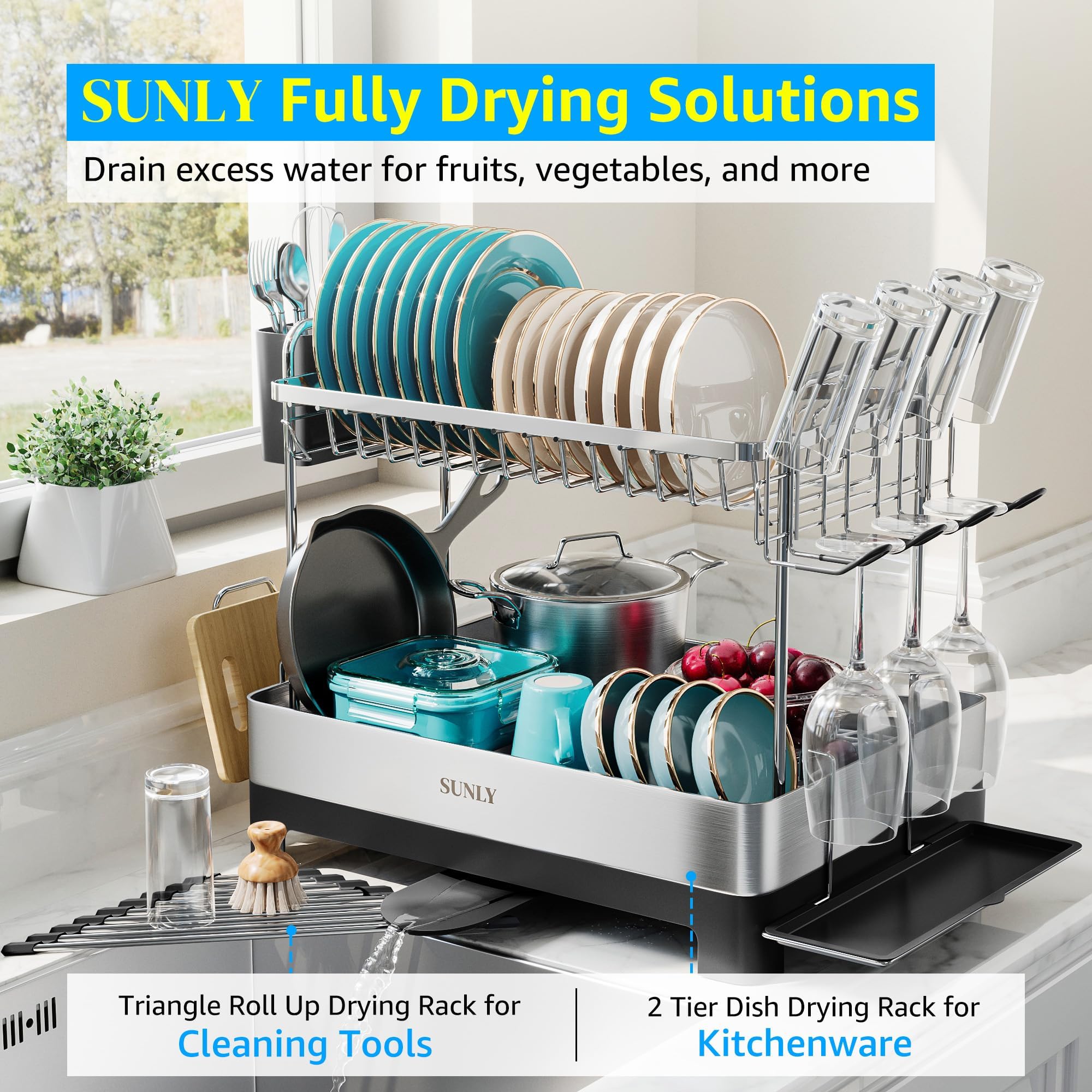 SUNLY top shelf with glasses and bowls held securely for safer drying