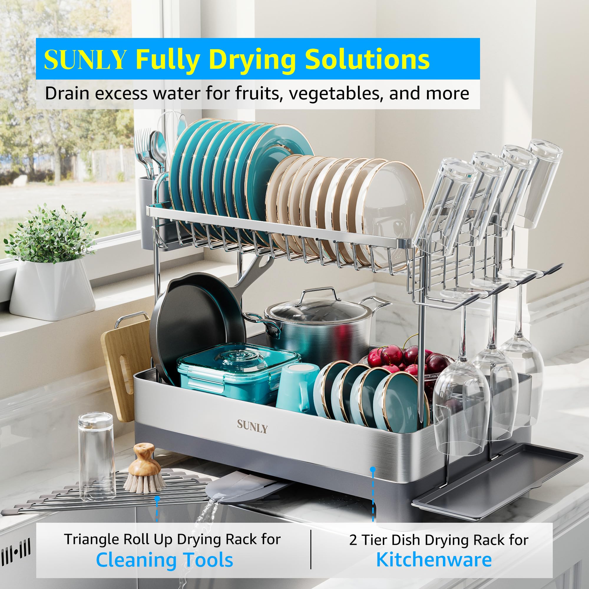 SUNLY top tier loaded with plates and bowls demonstrating capacity and order