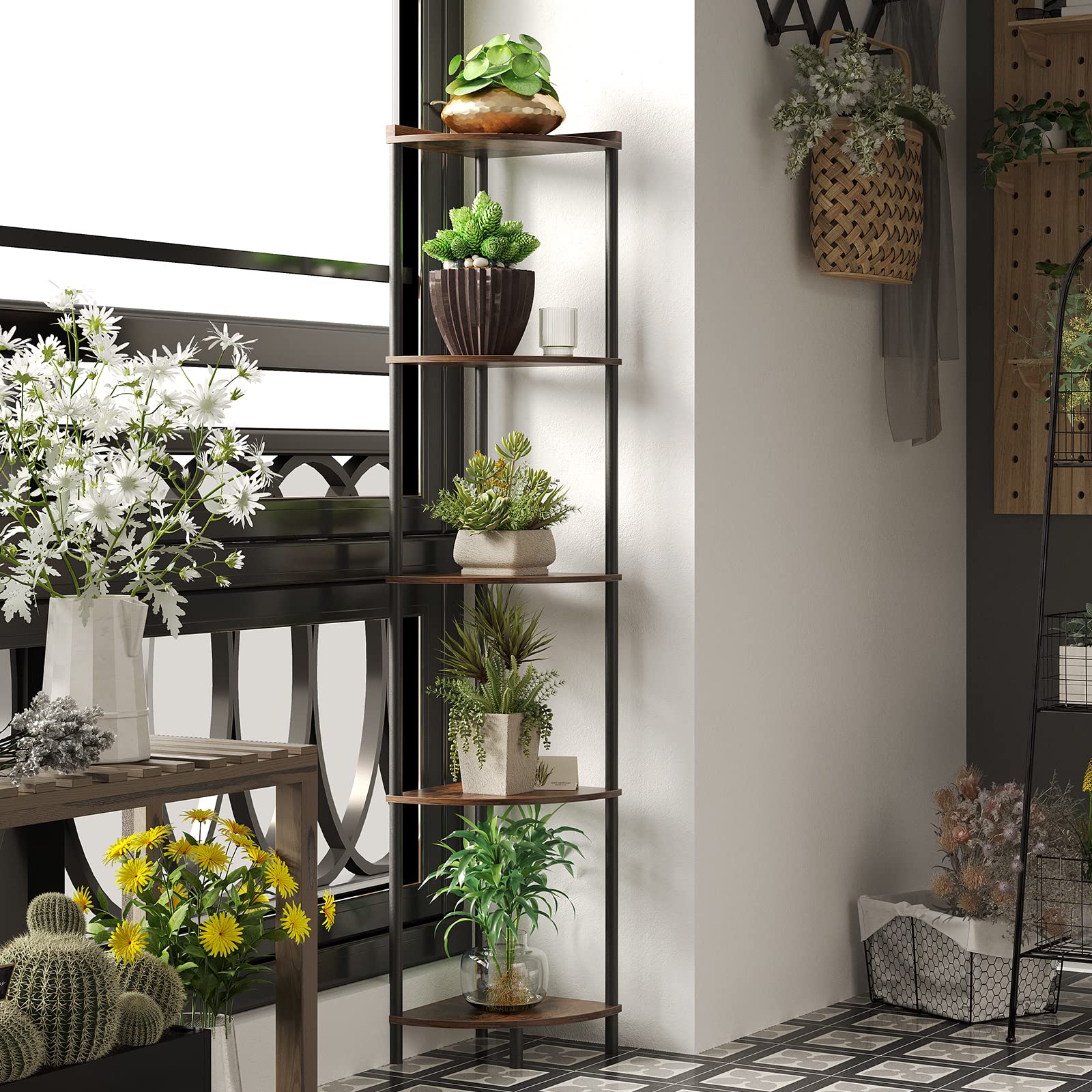 SUNMORY corner shelf staged in living room displaying decor and organizing advantage