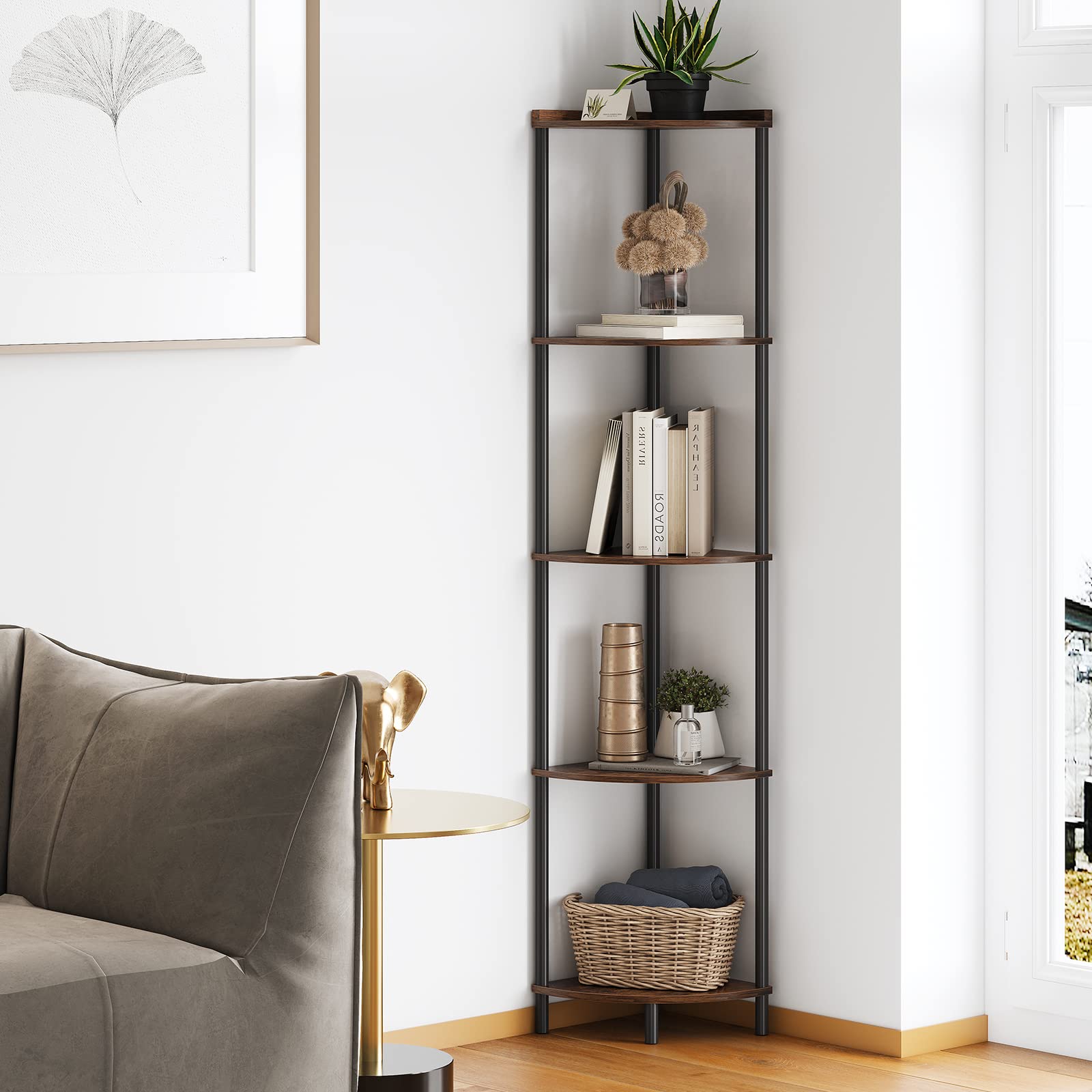 SUNMORY front view of 5-tier corner shelf shows space-saving storage and clean style