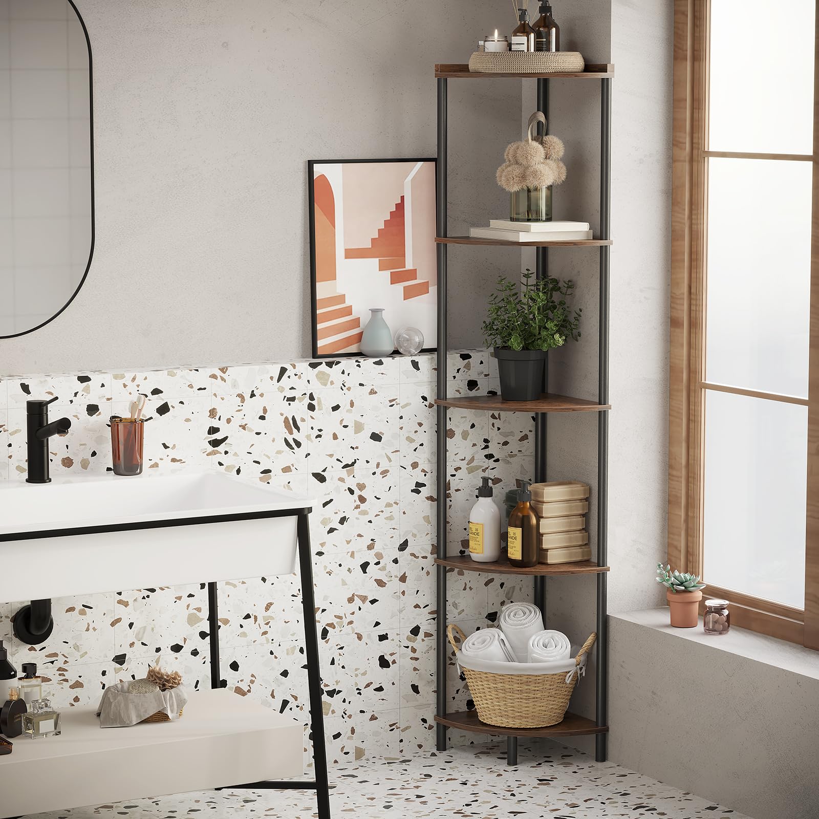 SUNMORY shelf with books illustrating scale and generous vertical storage capacity