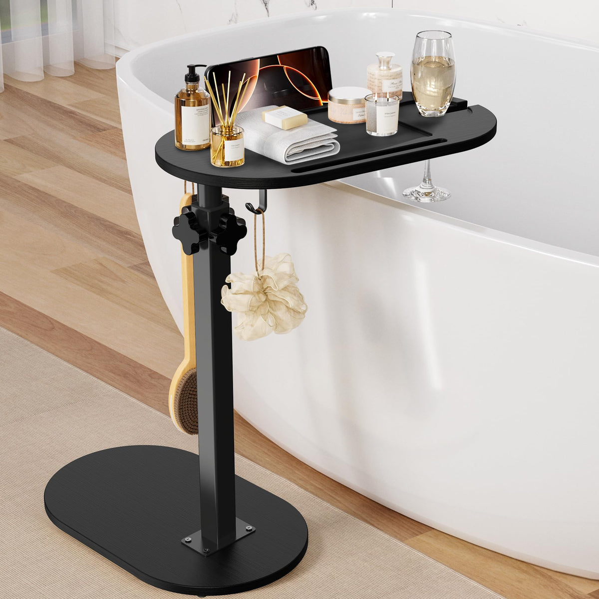 Sunnacate front view showing stable bathtub table and organized surface