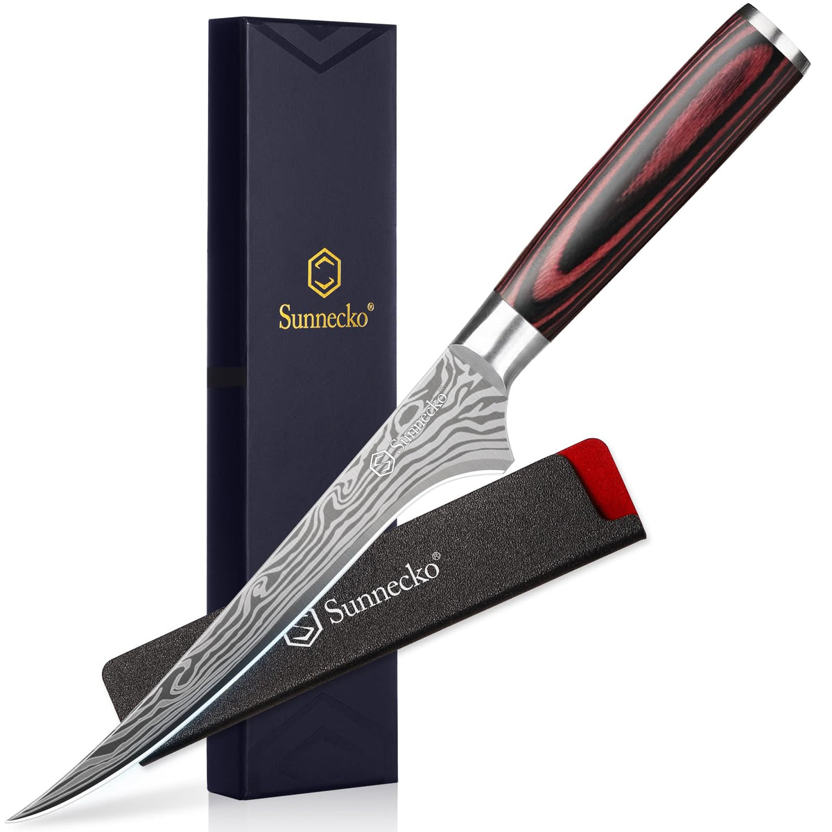 Sunnecko boning knife front view showing full blade and balanced design for precision