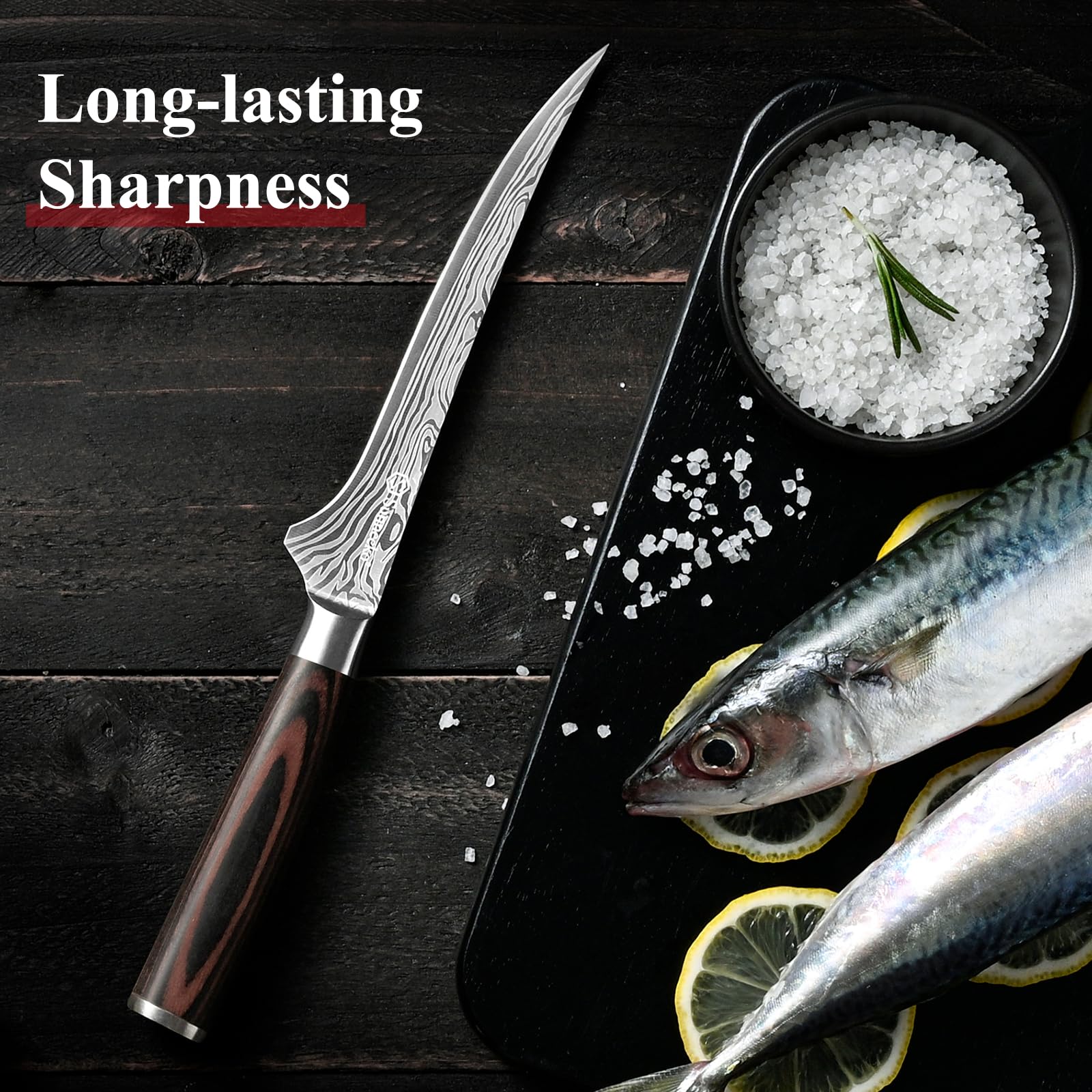 Sunnecko boning knife filleting fish to show precise, clean cuts and control