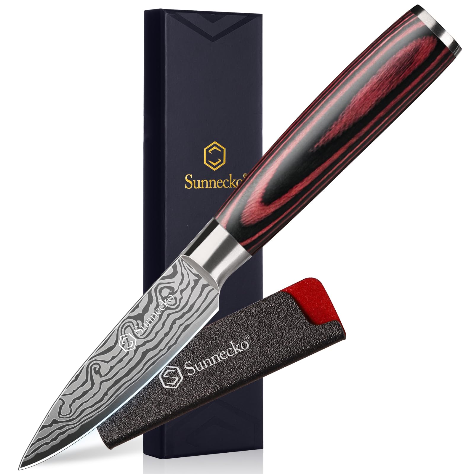 Sunnecko front view of paring knife with sheath showing compact safety