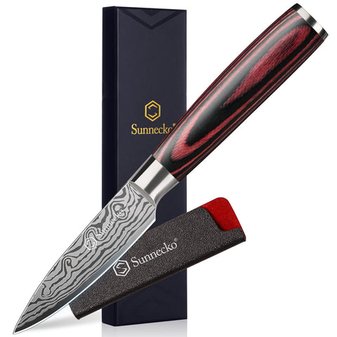 Sunnecko front view of paring knife with sheath showing compact safety