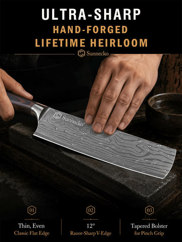 Sunnecko nakiri blade pattern detail showing wavy polish that reduces food friction