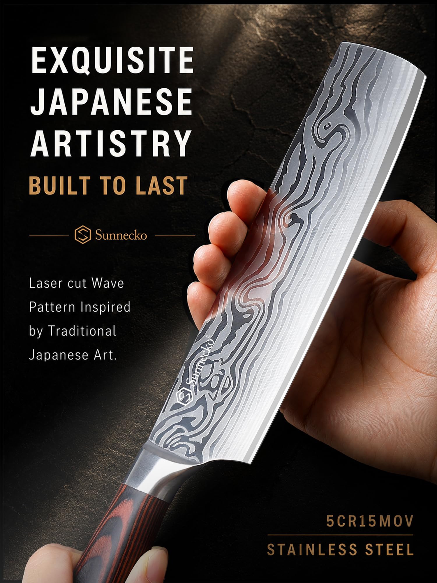 Sunnecko nakiri handle closeup demonstrating Pakkawood grip for ergonomic control