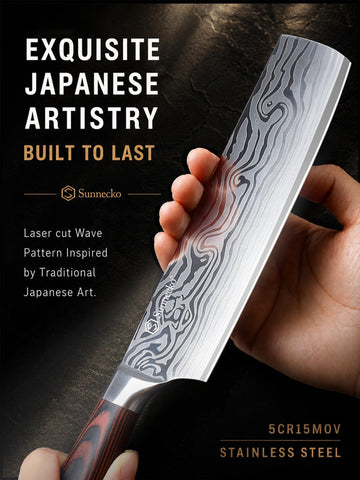 Sunnecko nakiri handle closeup demonstrating Pakkawood grip for ergonomic control