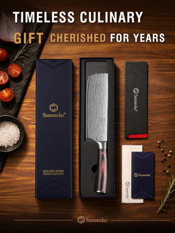 Sunnecko nakiri slicing tomato smoothly to show sharp 12° edge for clean cuts