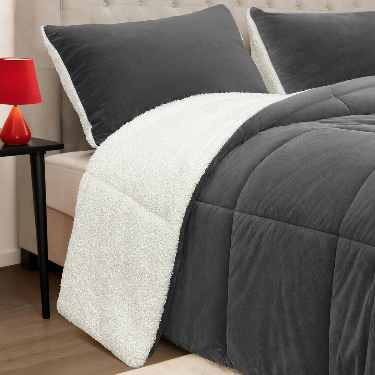 SunNewt comforter front view shows charcoal color and neat box stitching, adding style