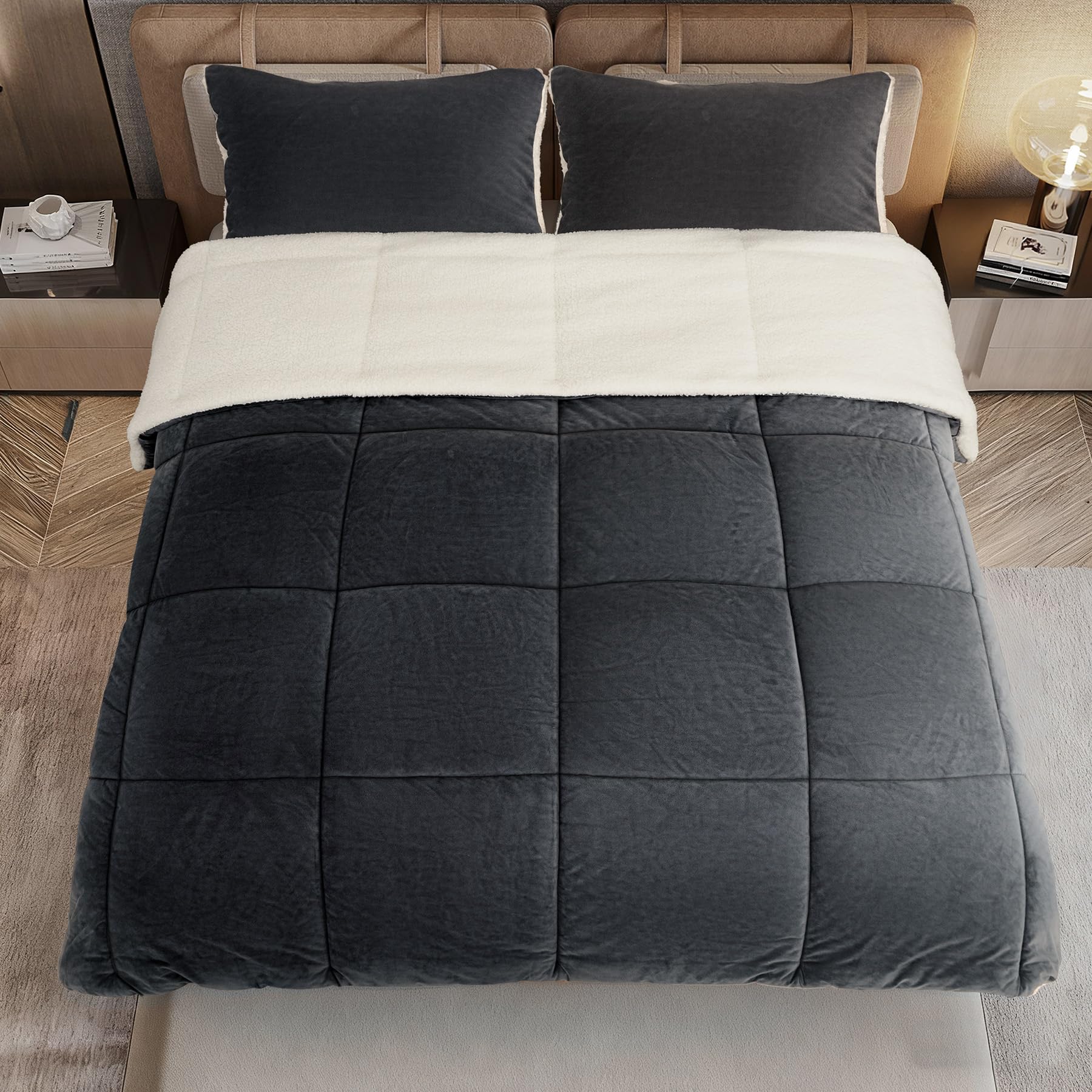 SunNewt comforter on queen bed with scale comparison for accurate sizing