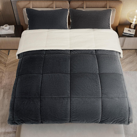 SunNewt comforter on queen bed with scale comparison for accurate sizing