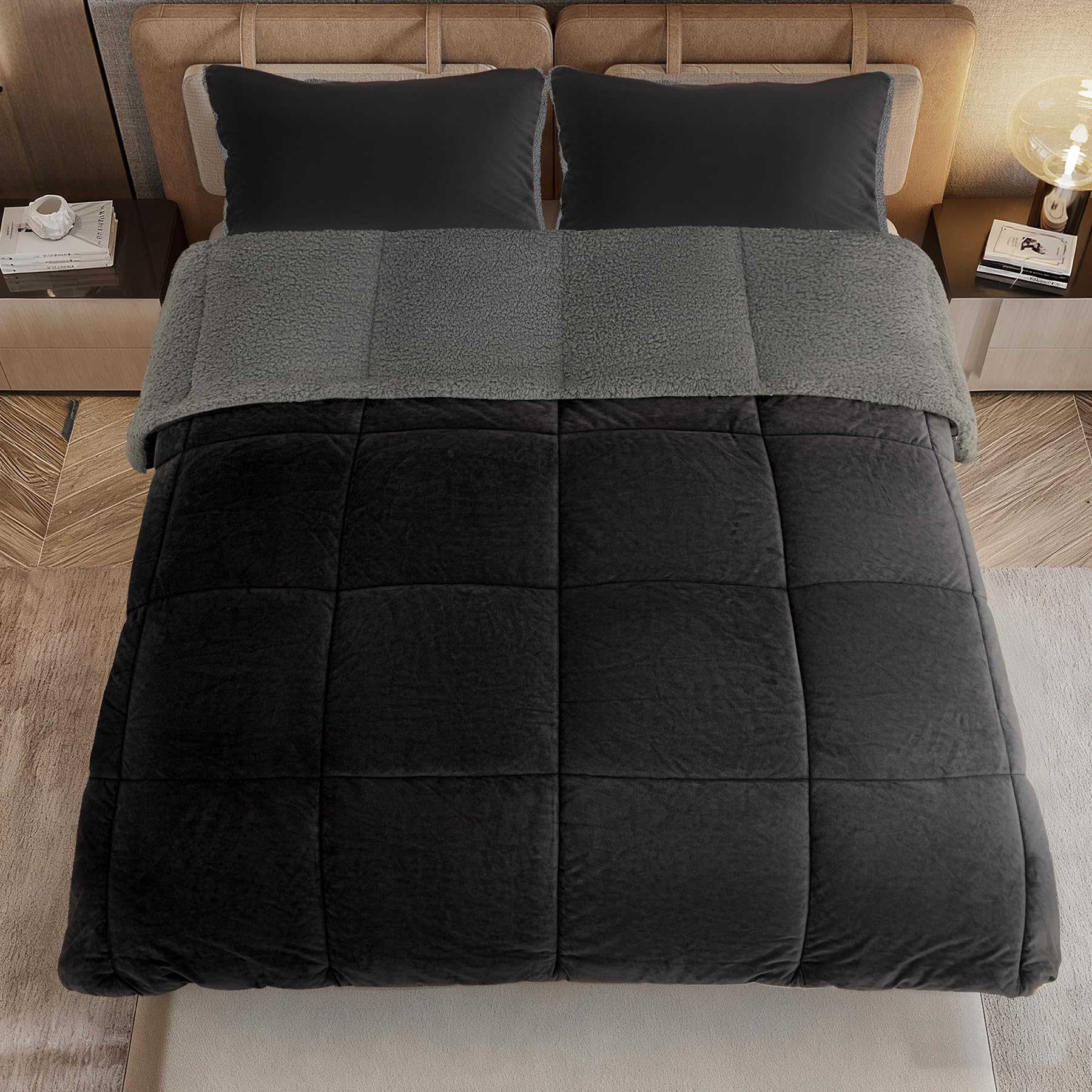 SunNewt queen comforter on mattress displaying size and generous drape