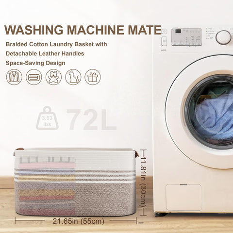 SunNewt basket beside washer showing scale and laundry fit benefit