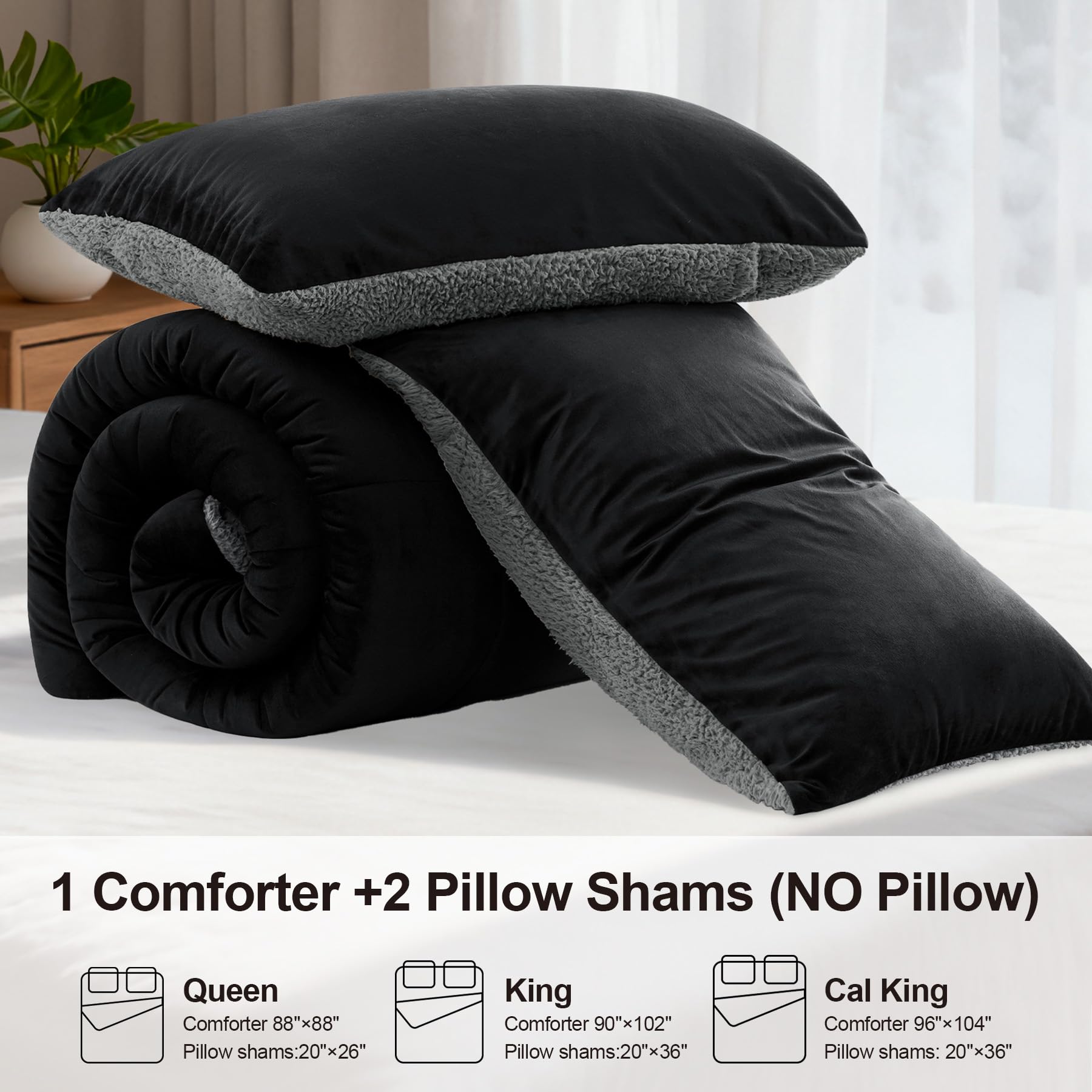 SunNewt styled bedroom with black comforter illustrating cozy modern decor