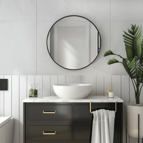 Sunniry mirror mounted in bathroom demonstrating compact, stylish placement