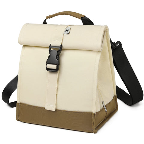SUNNY BIRD front view of white rolltop lunch bag showing design and portability benefit