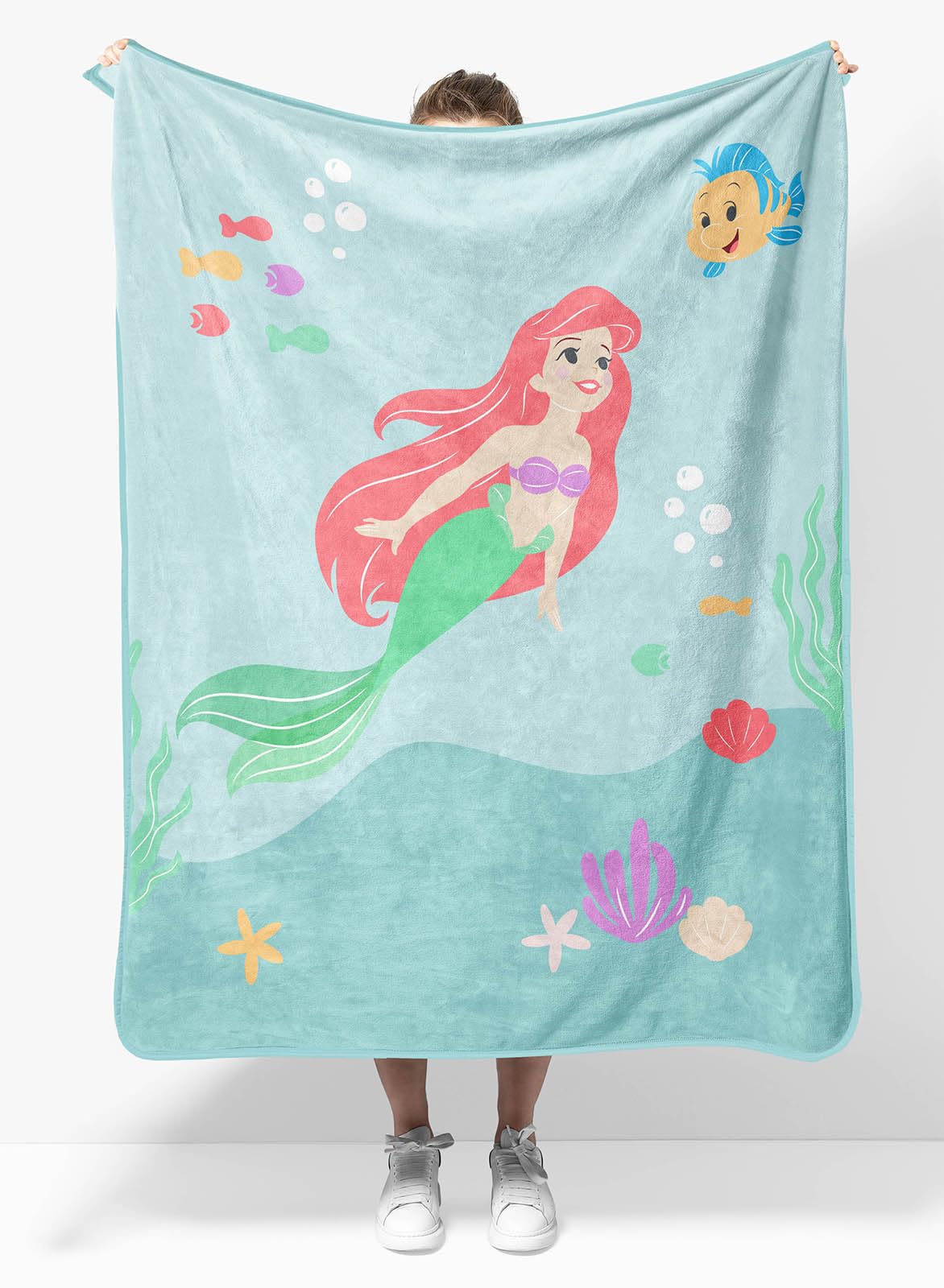 Sunny Side Up blanket front view showing Ariel and Flounder, bright travel comfort