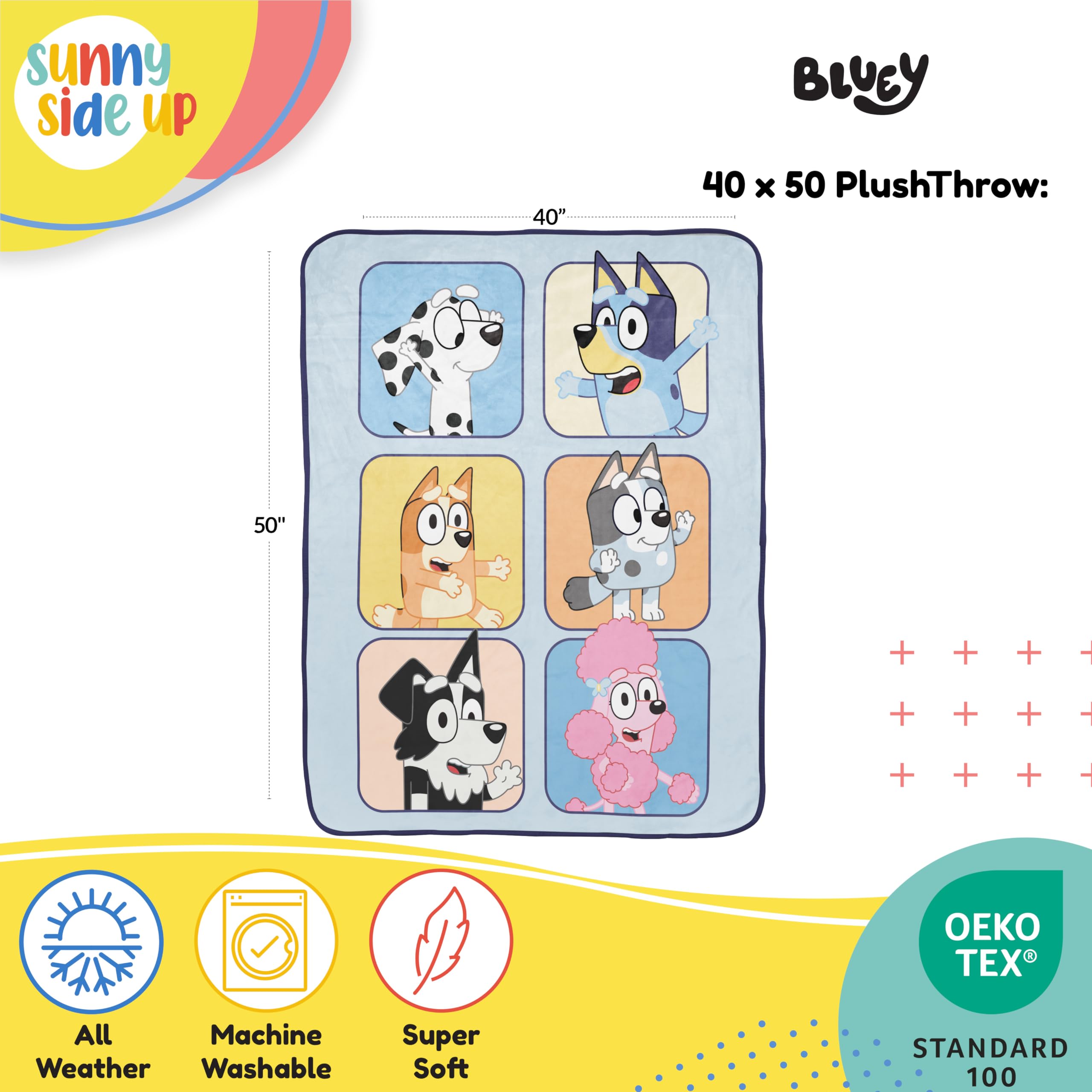 Sunny Side Up Bluey close-up of characters highlighting vibrant printed details
