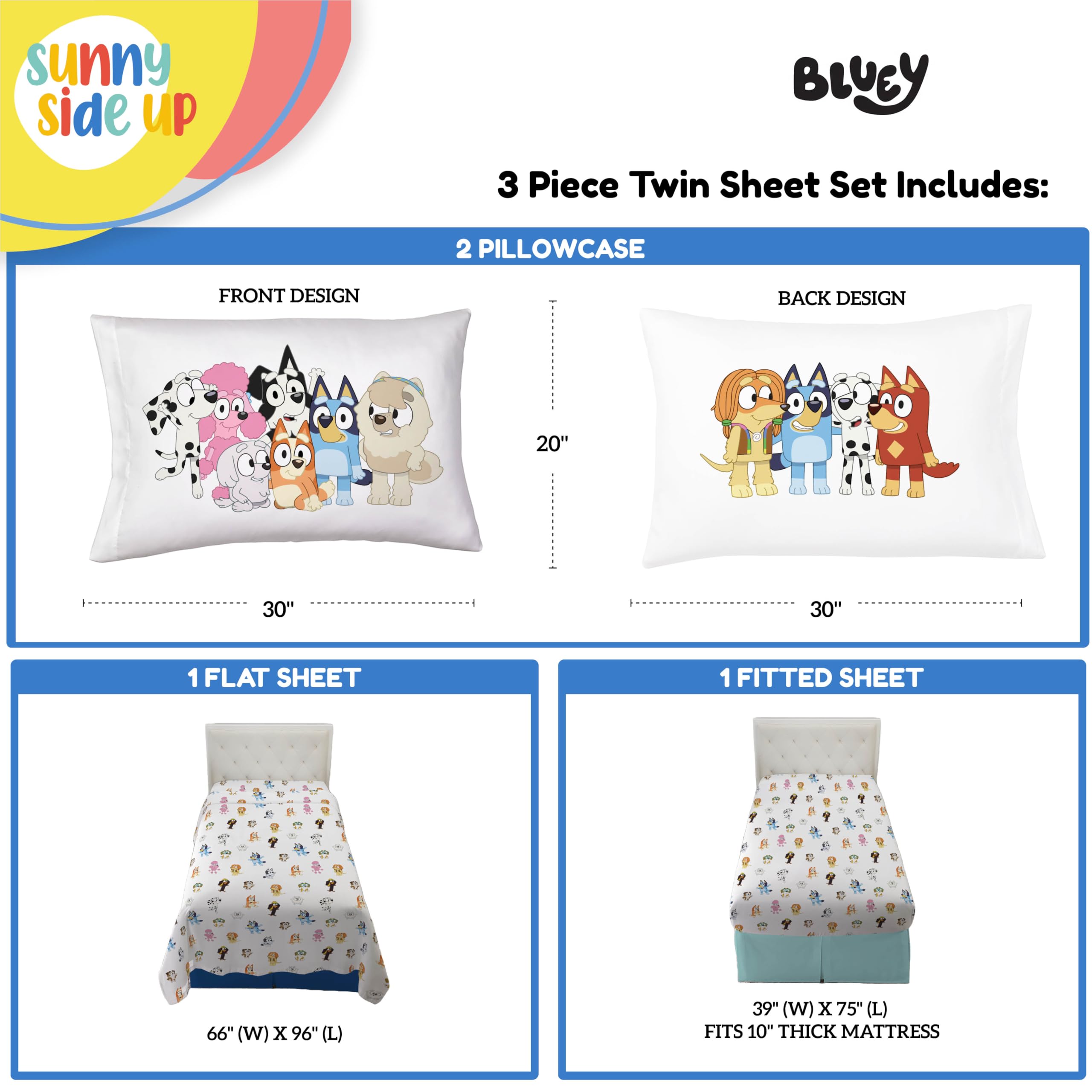 Sunny Side Up flat sheet spread with vibrant Bluey friends for cheerful decor