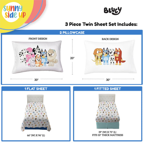 Sunny Side Up flat sheet spread with vibrant Bluey friends for cheerful decor