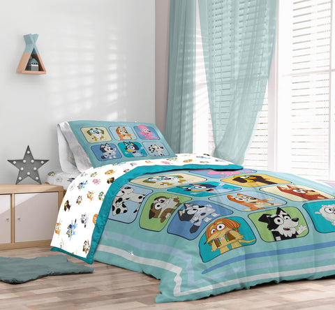 Sunny Side Up Bluey size comparison with a ruler showing comforter and sheet dimensions