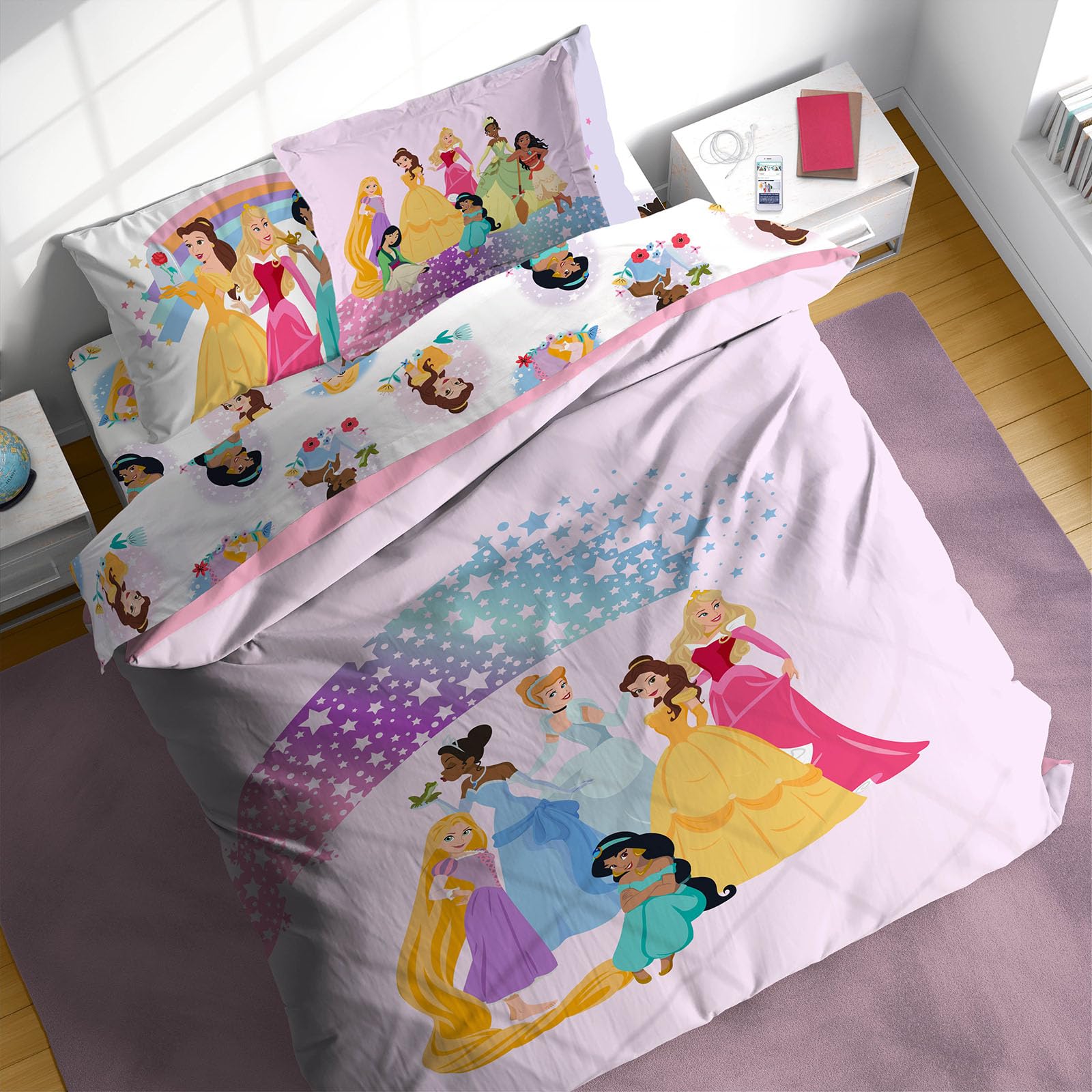Sunny Side Up comforter front view showing princesses and rainbow stars, joyful bedroom appeal