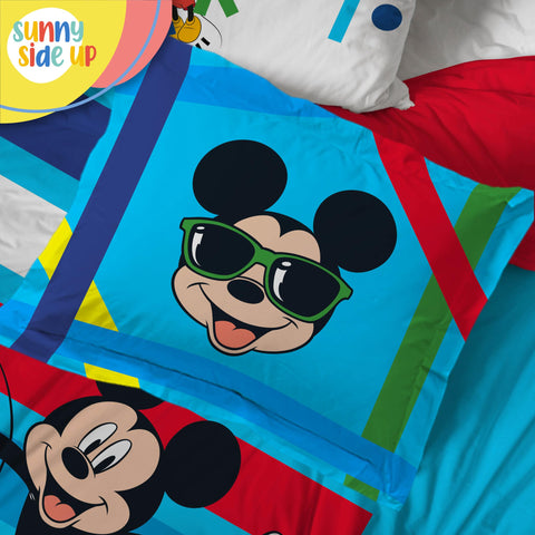 Sunny Side Up Mickey pillowcase and sham on pillow showing neat finishing and comfort