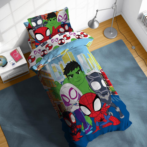 Sunny Side Up comforter front view with vibrant Spidey characters, brightening room decor