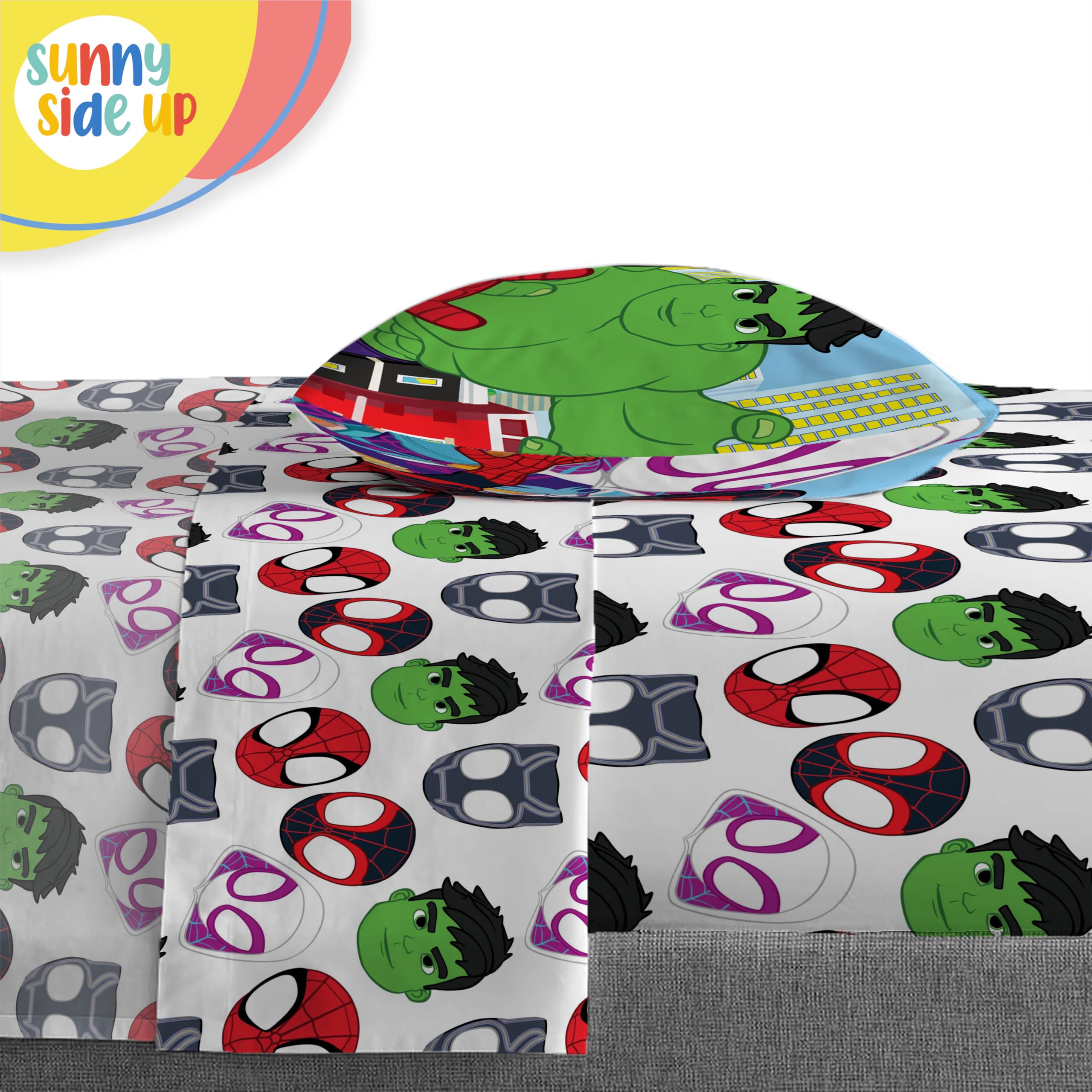 Sunny Side Up styled in a child's bedroom showing playful superhero theme and energy