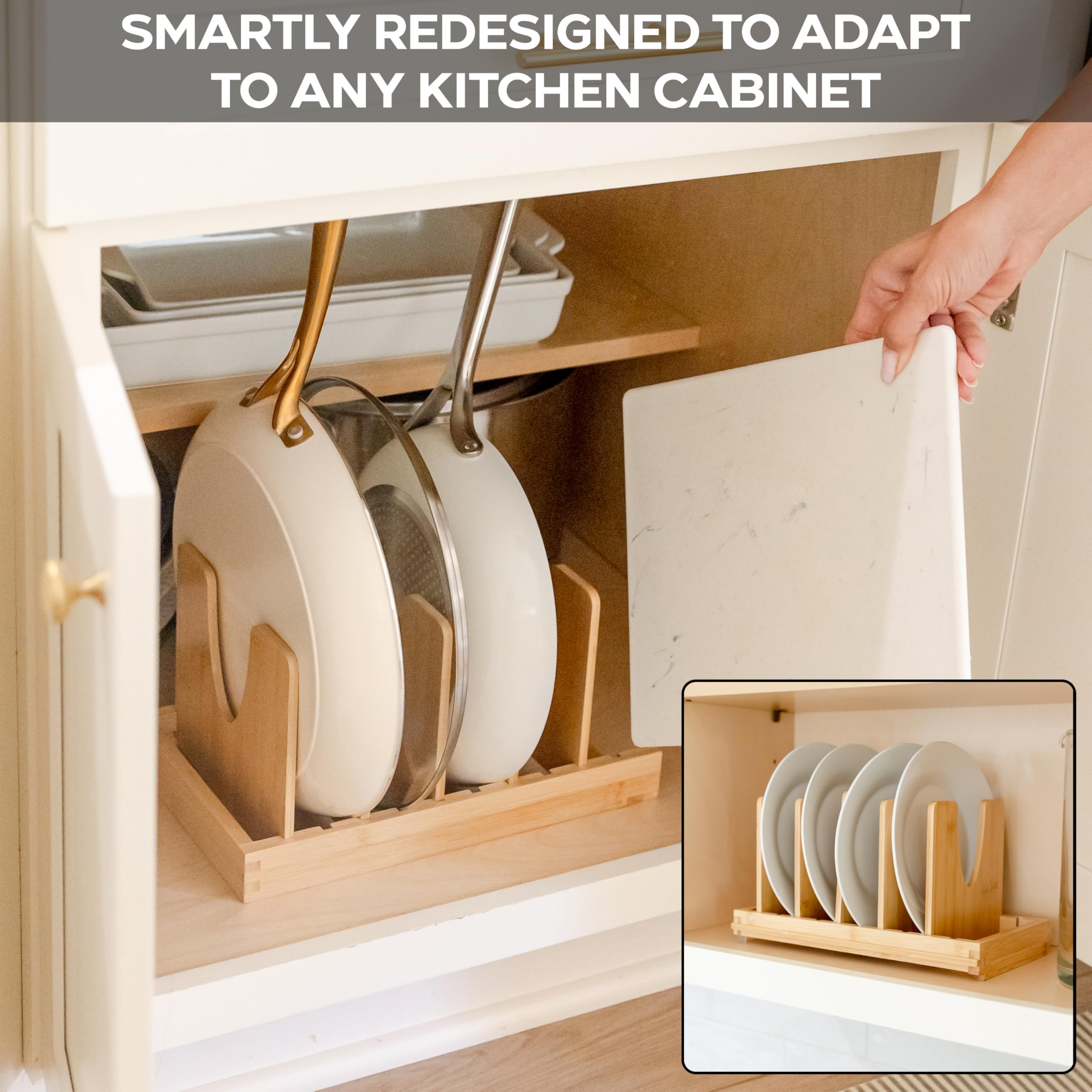 Sunny Tots organizer inside cabinet showing tidy cookware access benefit
