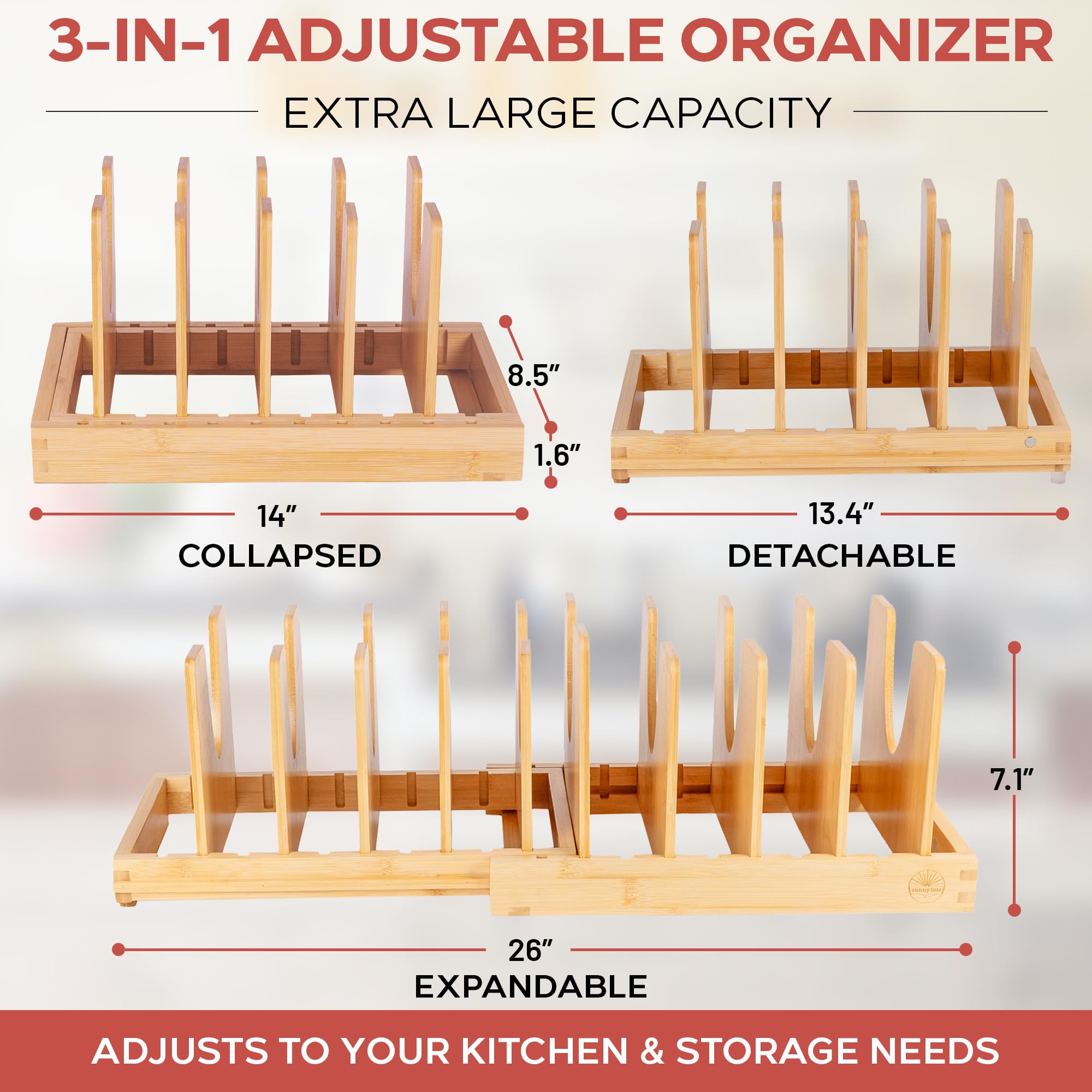 Sunny Tots expanded organizer demonstrating adjustable length for cabinet fit