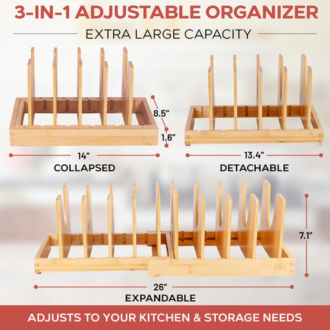 Sunny Tots expanded organizer demonstrating adjustable length for cabinet fit