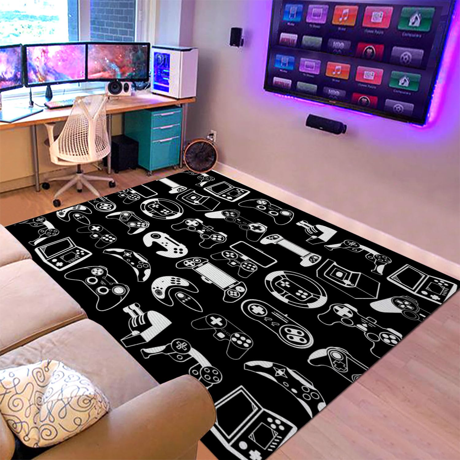 Sunnycitron front view showing gamer rug and bold controller design for room impact