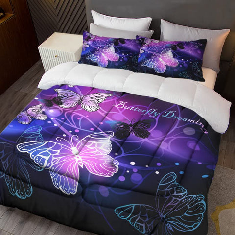 Sunnycitron front view comforter showing purple butterfly design and bedroom impact