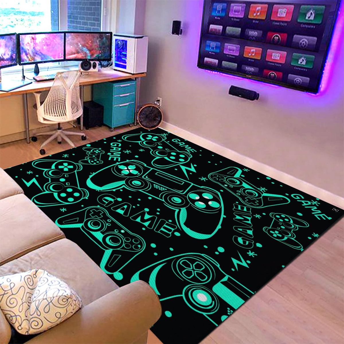 Sunnycitron front view of rug showing full controller design and playful vibe