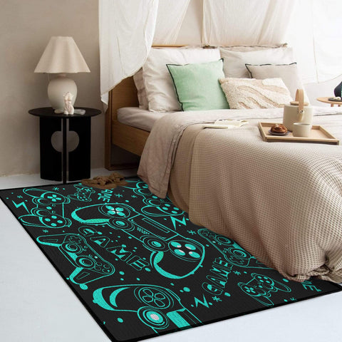 Sunnycitron rug in bedroom setting bringing gamer style and cozy floor space