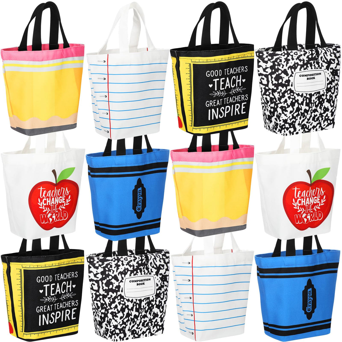 sunnymove front view of twelve mini canvas tote bags useful for gifting